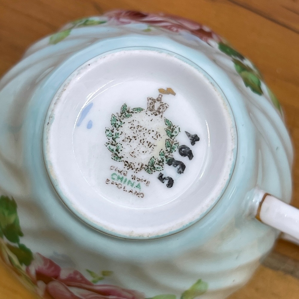 Vintage Queen Anne Tea Cup & Saucer Set Pastel Green w Pink Roses Numbered - Picture 10 of 12
